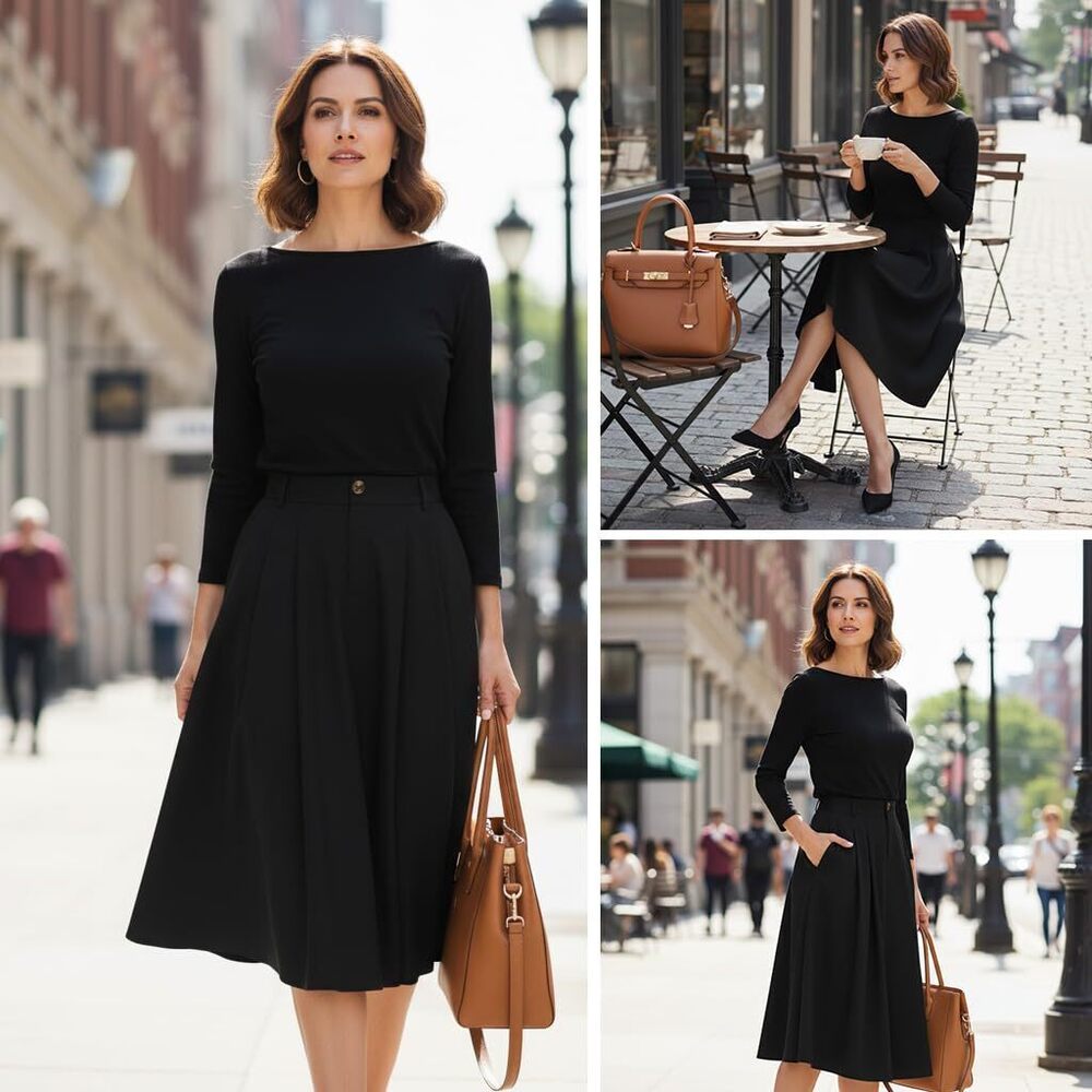 6838 Casual Midi Skirt A Line High Elastic Waisted Pleated Vintage Skirt - Picture 6 of 8